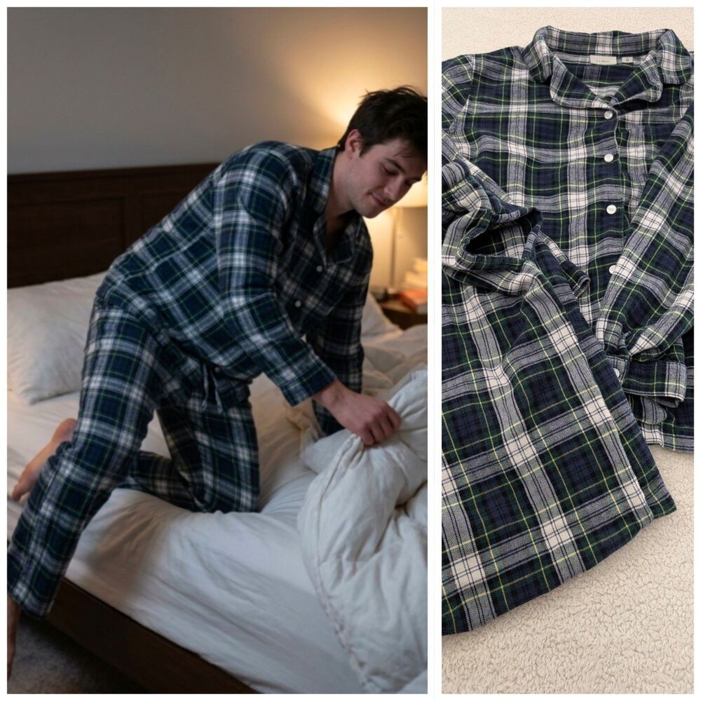 LL BEAN XL Flannel Pajama Set Blue/Green Plaid Classic Style